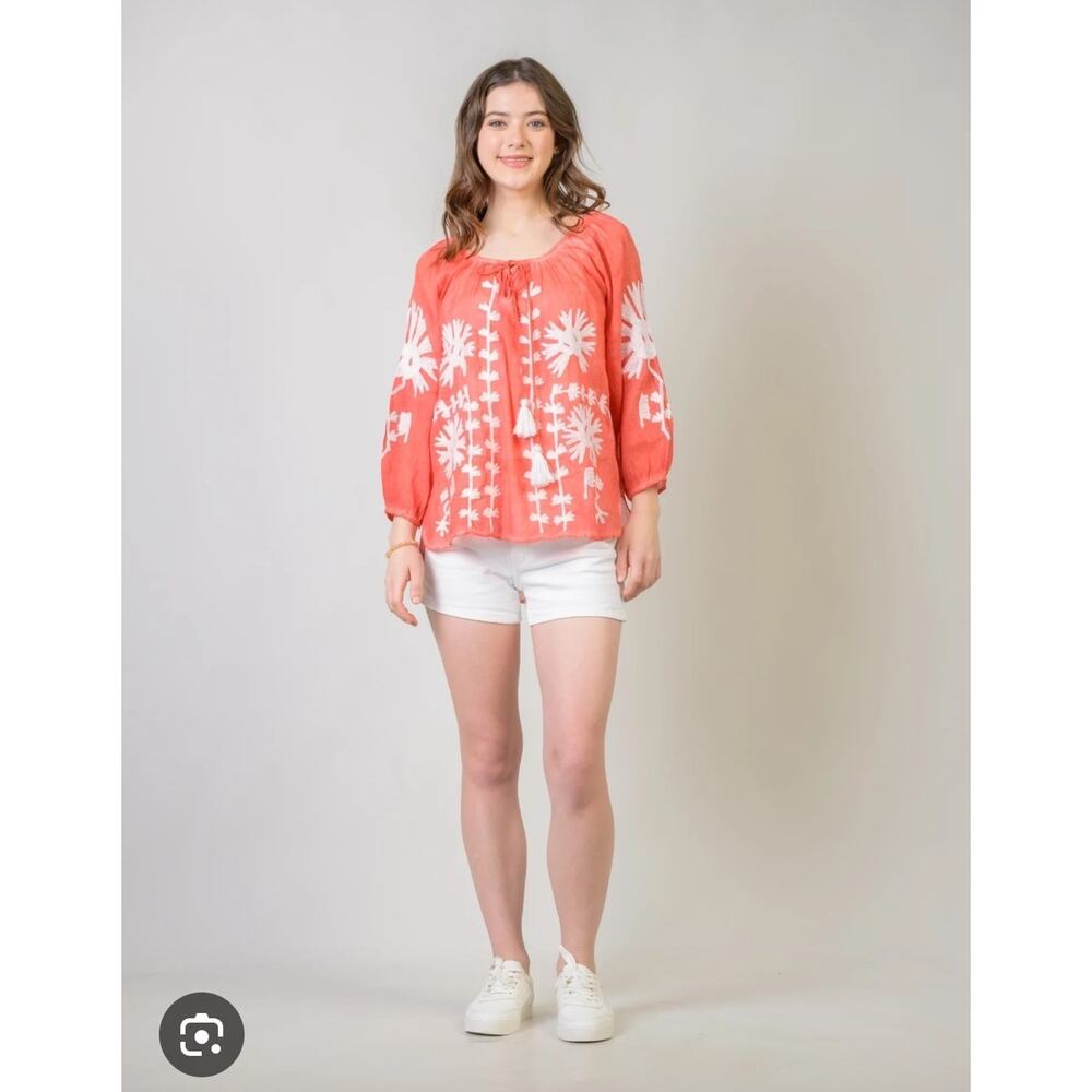 Dolma Womens Coral Embroidered Floral 100% Cotton Tunic Top Small Medium